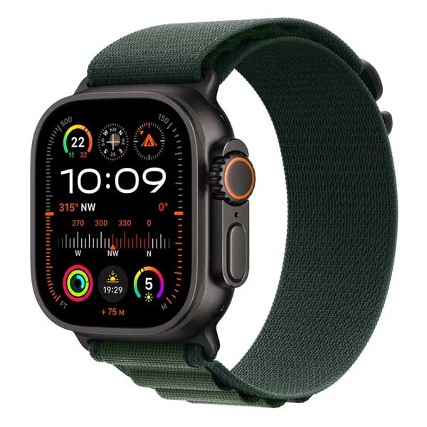 Apple Watch Ultra 2 GPS + Cellular 49mm Black Titanium Case with Dark Green Alpine Loop - LargeApple Watch > Ultra 2