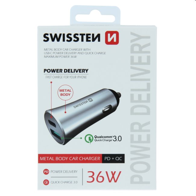 Autós töltő Swissten Power Delivery USB-C + Qualcomm 3.0 támogatással