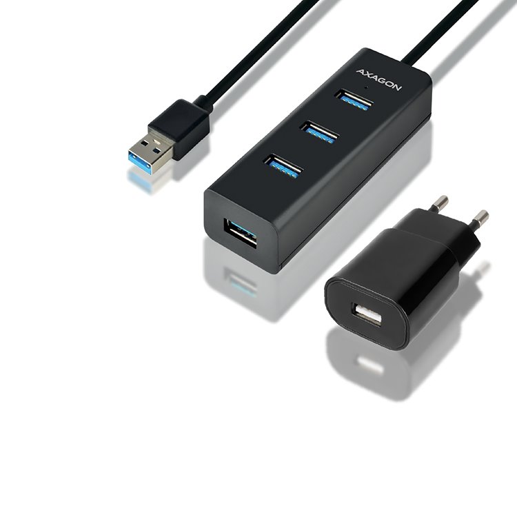 AXAGON HUE-S2BL 4x USB 3.0 hub gyorstöltés támogatással + hálózati adapterKábelek és adapterek > Hubok