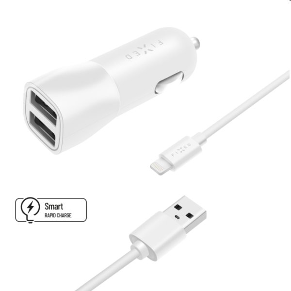 FIXED Autós töltő Smart Rapid Charge 2x USB kábellel USB/Lightning MFI 1m