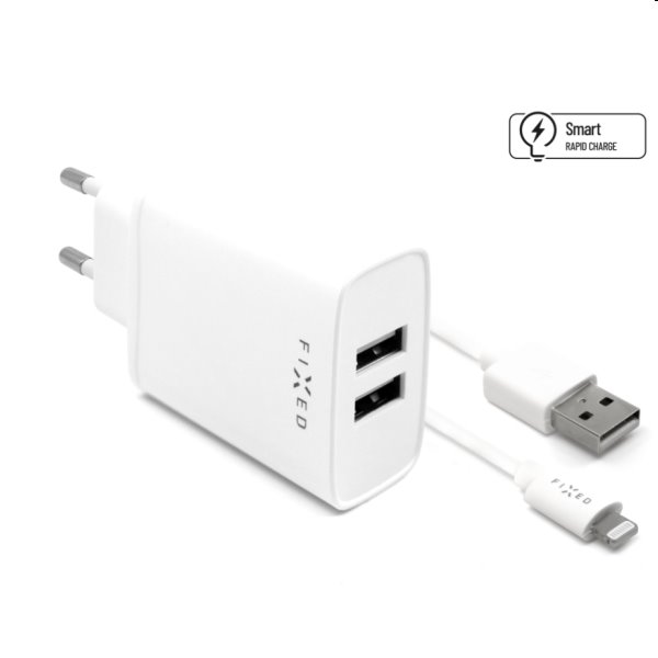 FIXED Hálózati töltő Smart Rapid Charge 2 x USB 15W + kábel USB/Lightning MFI 1m