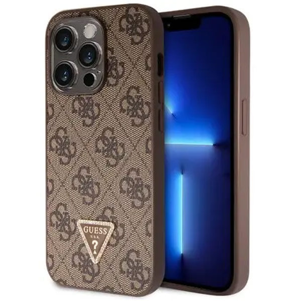 Guess PU 4G Strass Triangle Metal Logo Hátlapi tok iPhone 15 Pro számára