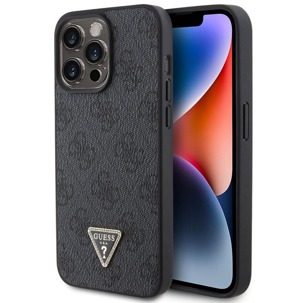 Guess PU 4G Strass Triangle Metal Logo Hátlapi tok iPhone 15 Pro Max számára