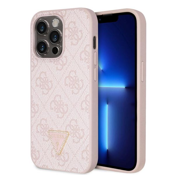 Guess PU 4G Strass Triangle Metal Logo Hátlapi tok iPhone 15 Pro számára