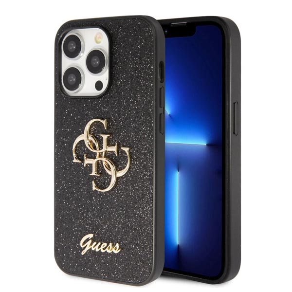 Guess PU Fixed Glitter 4G Metal Logo Hátlapi tok iPhone 15 Pro Max számára