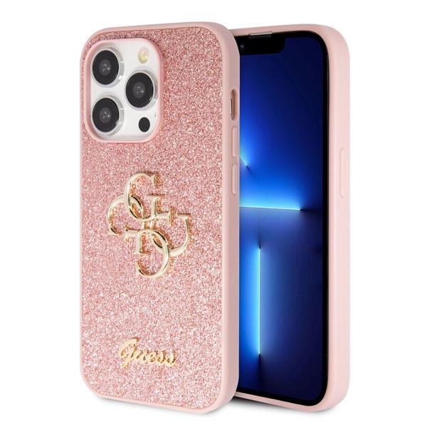 Guess PU Fixed Glitter 4G Metal Logo Hátlapi tok iPhone 15 Pro számára