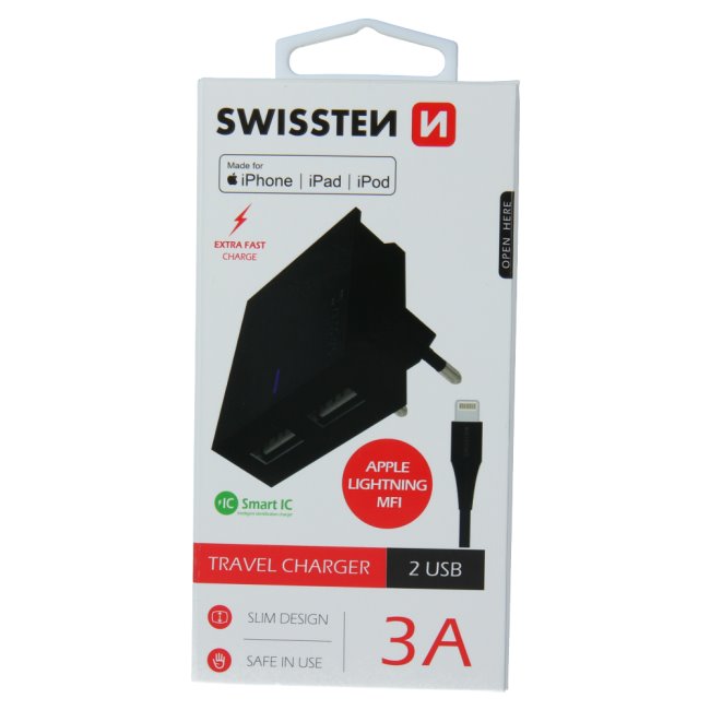 Gyorstöltés Swissten Smart IC 3.A 2 USB konektorral + Adatkábel USB / Lightning MFi 1