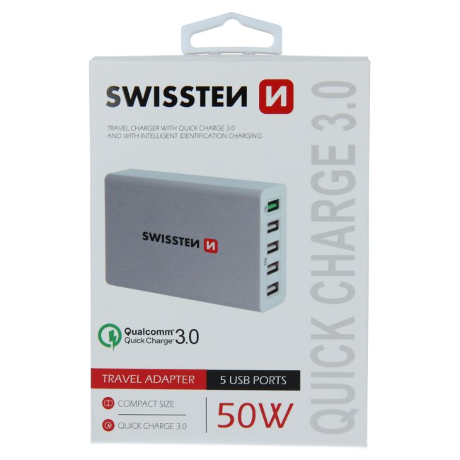 Gyorstöltés Swissten Smart IC 50W támogatással QuickCharge 3.0 és 5 USB konektorral