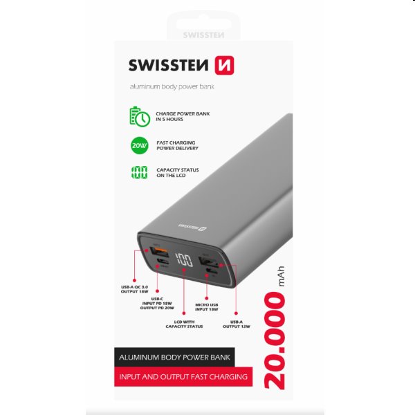 Swissten Aluminum Powerbank 20 000 mAh 20W