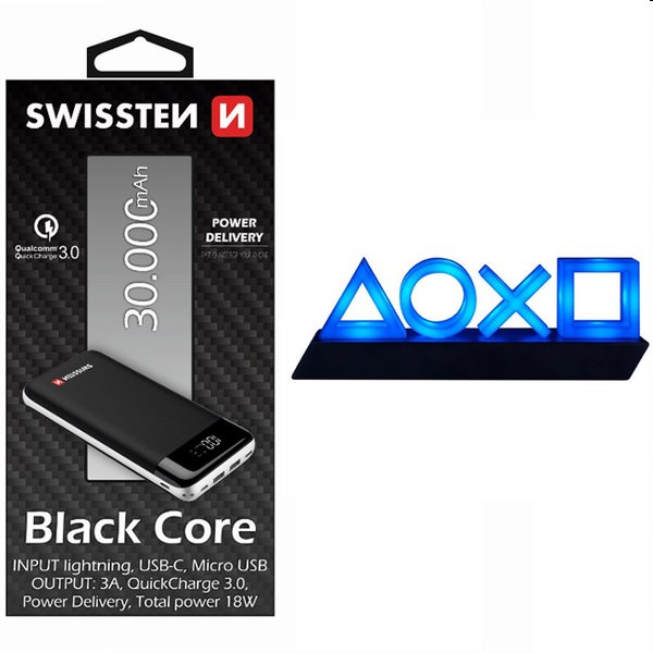 Swissten Black Core Slim Powerbank 30.000 mAh + Playstation 5 Icons Light USB lámpaPowerbank > 20000 mAh fölött