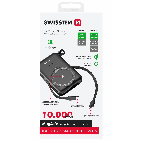 Swissten Powerbank 20 W 10000 mAh (MagSafe kompatibilis) integrált USB-C  és lightning kábelekkel